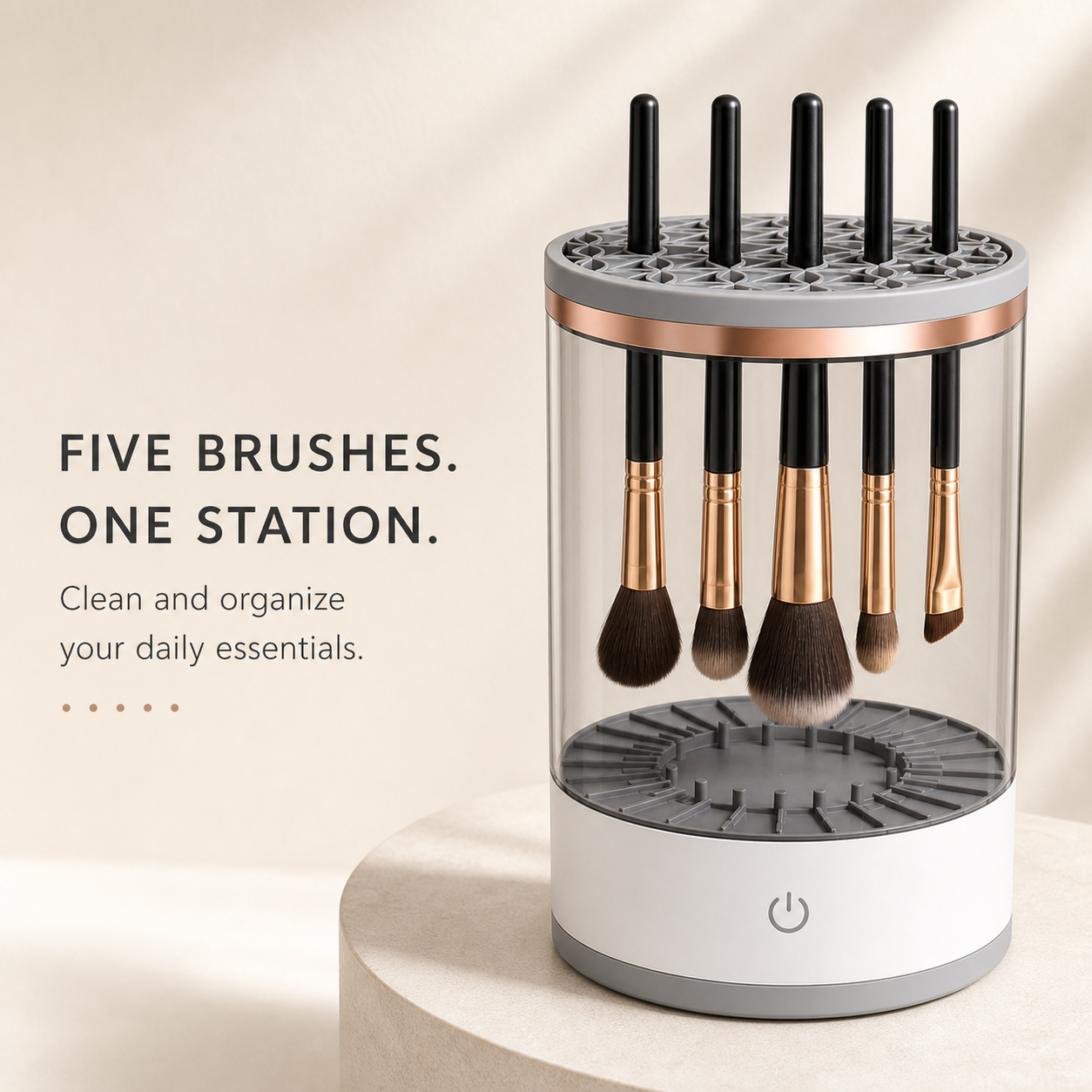 Makeup brush cleaner holding five brushes