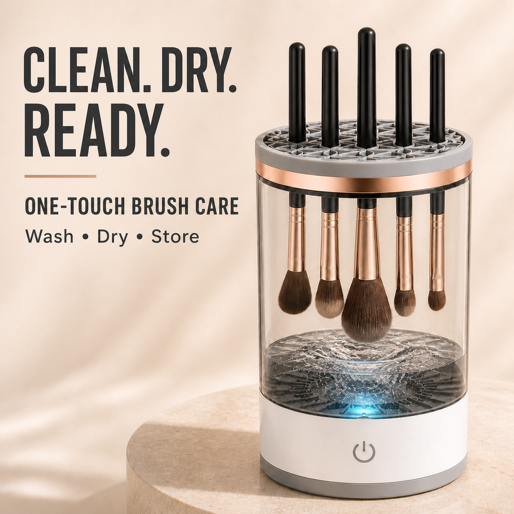 EXAVELYN makeup brush cleaner main image with Clean Dry Ready message