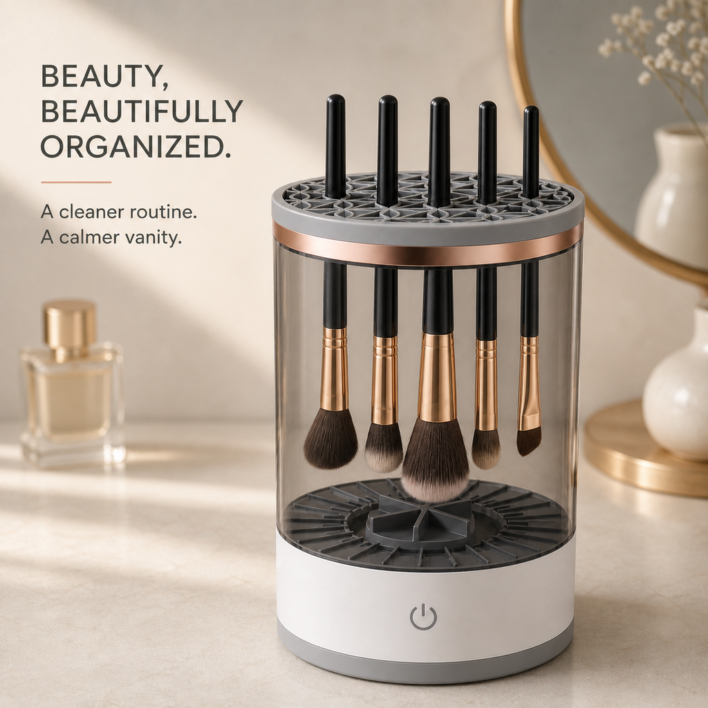 Makeup brushes organized on a vanity