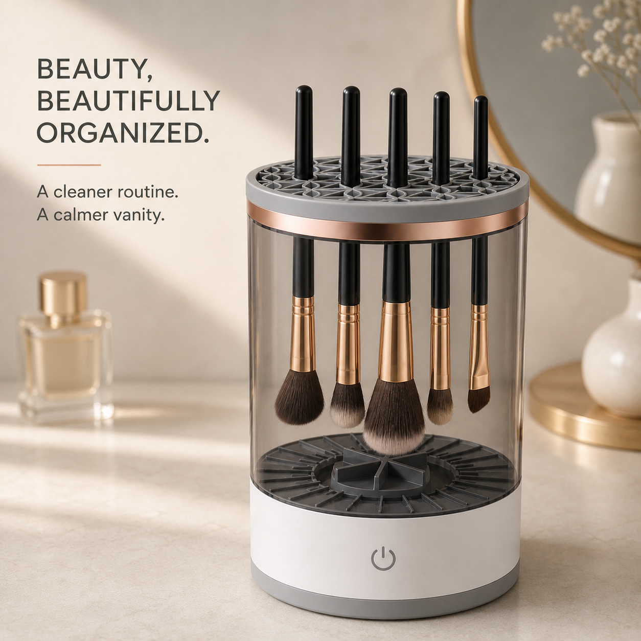 Makeup brushes organized on a vanity
