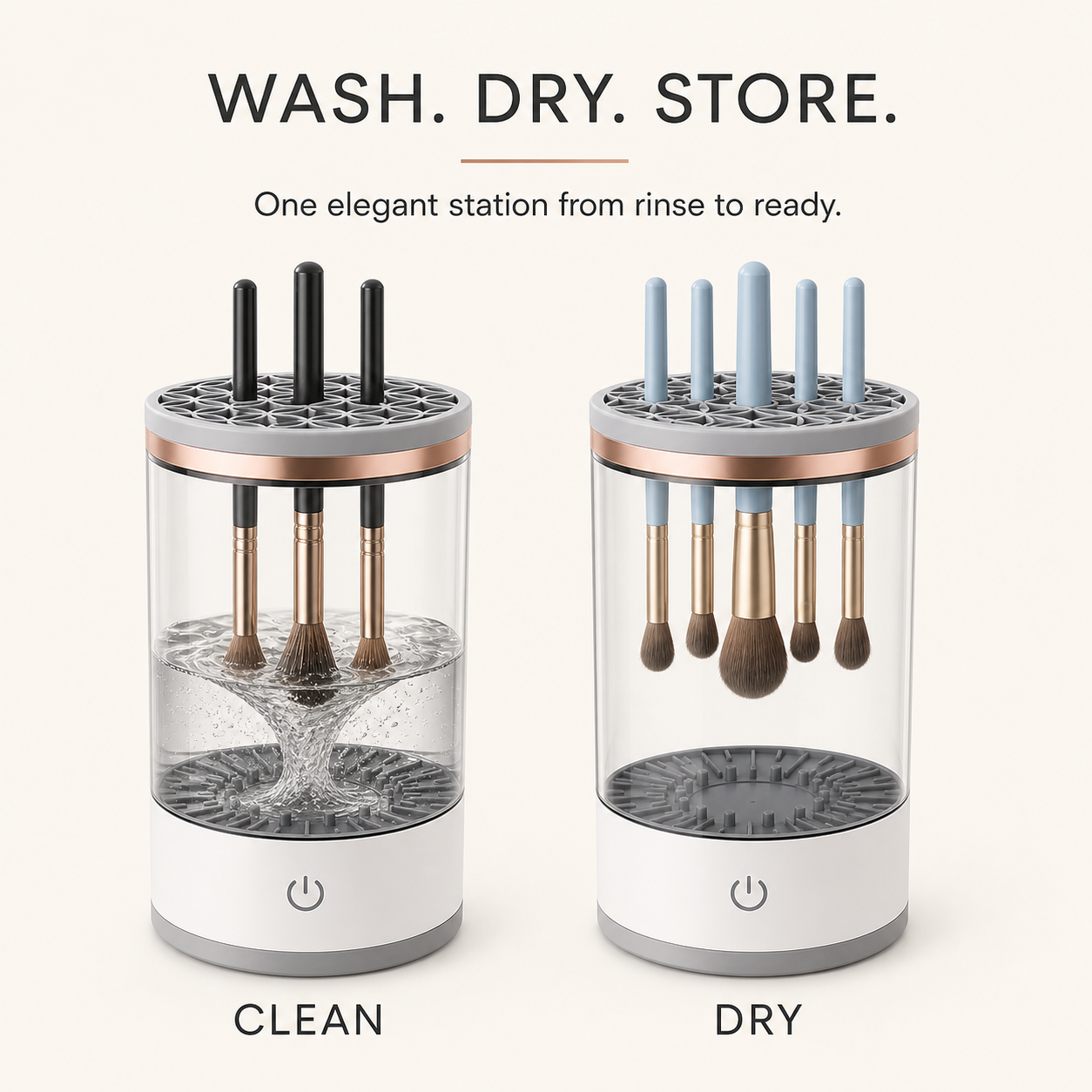 Makeup brush cleaner wash and passive air-dry modes